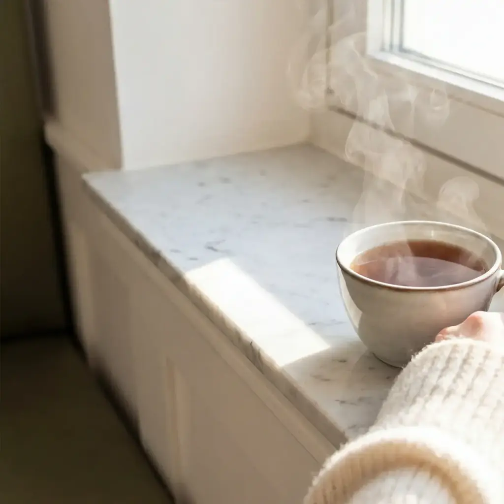 Sonnendurchflutete Fensterbank mit heller Oberfläche und einer Tasse, die eine ruhige und gesunde Wohnatmosphäre zeigt, gestaltet vom Fachbetrieb für Gesundes Wohnen in Düsseldorf durch Malermeister Kleinau