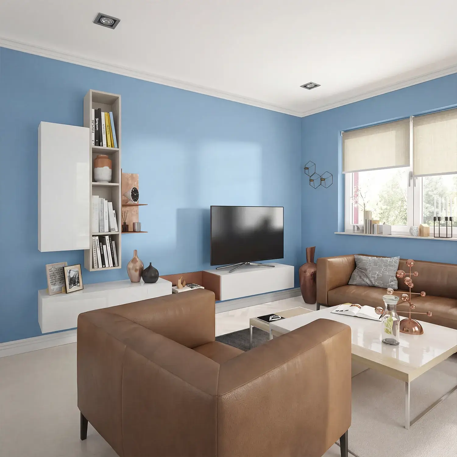 Modern eingerichtetes Wohnzimmer mit blauer Wandgestaltung und abgestimmtem Mobiliar als Ergebnis einer professionellen Idee & Planung vom Malerbetrieb in Düsseldorf von Malermeister Kleinau