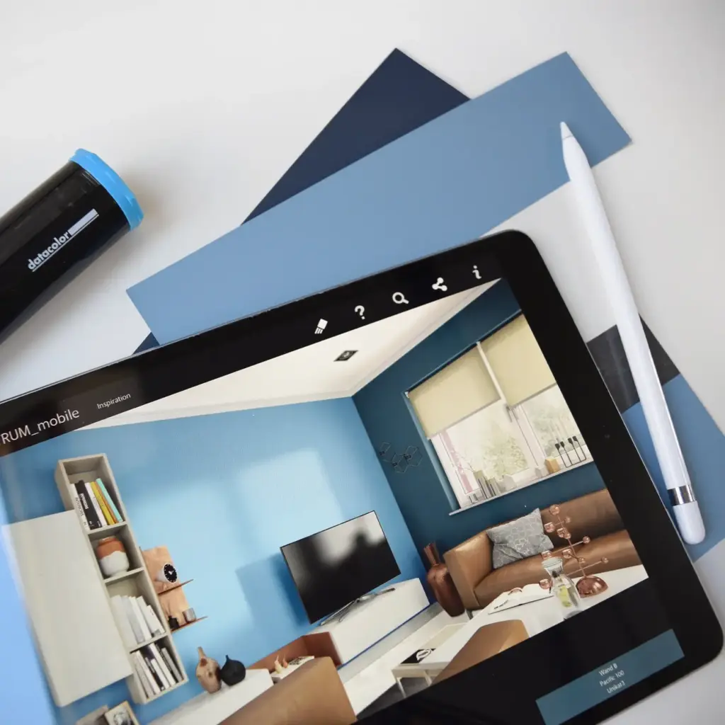 Digitale Raumvisualisierung und Farbkonzept auf Tablet – Malerbetrieb Düsseldorf Idee und Planung